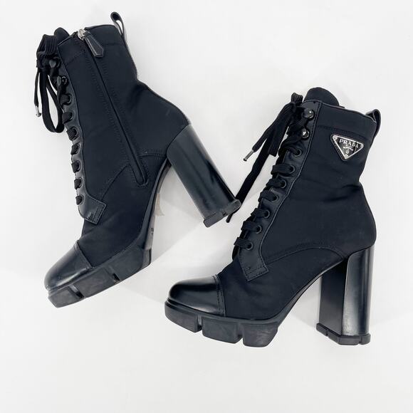 Prada Black Spazzolato Re-Nylon Metal Triangle Logo Ankle Combat Boot IT 38 - Picture 4 of 13
